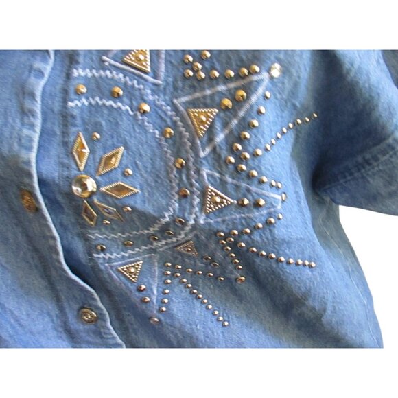 2XL Vintage Women's Denim Top Studded Rhinestone 1990's Mom Jacket USA MADE XXL - Picture 6 of 9
